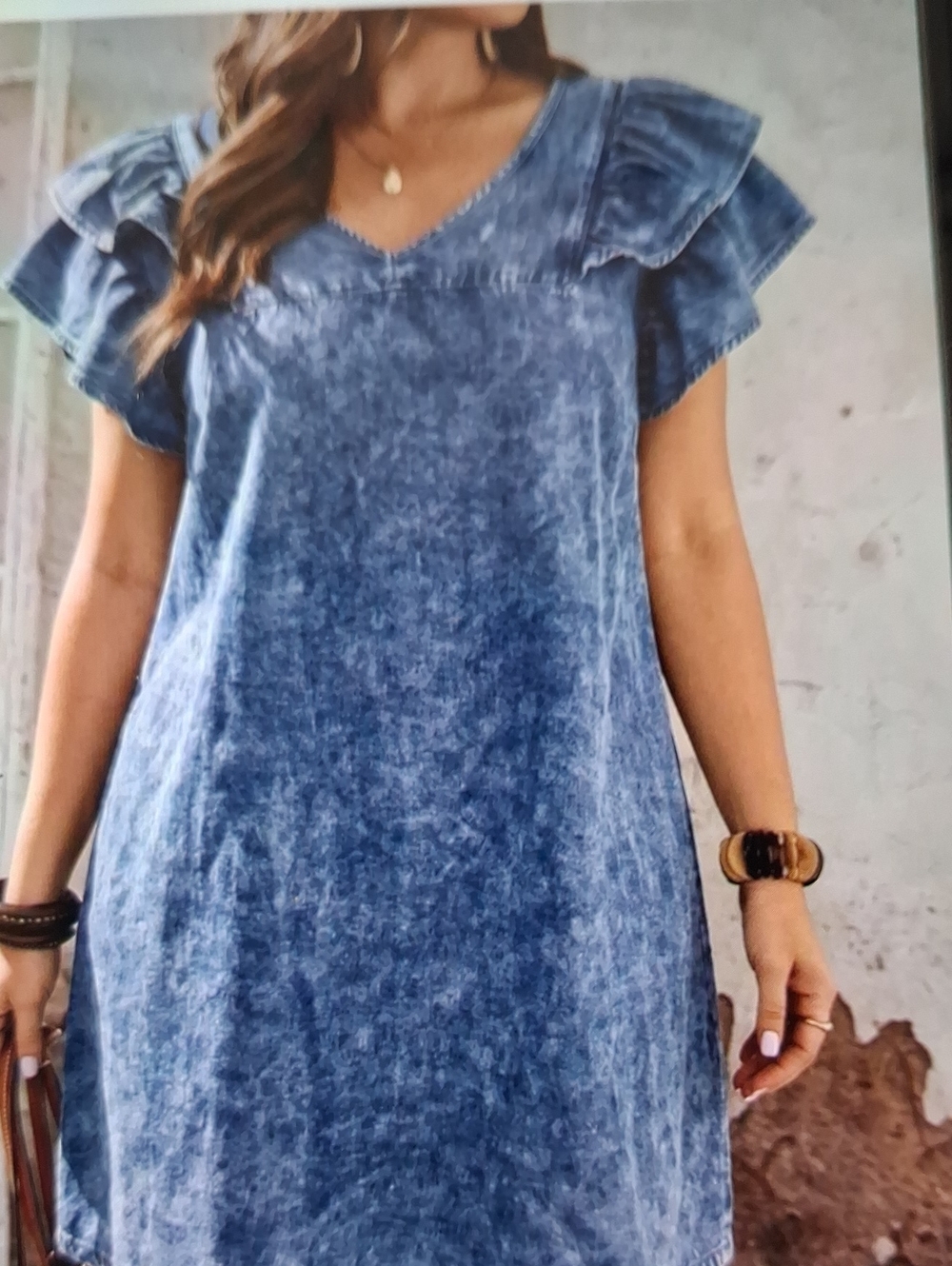 NWT Womens Blue Denim Mini Dress, Layered Ruffle Sleeve, Button Down Back